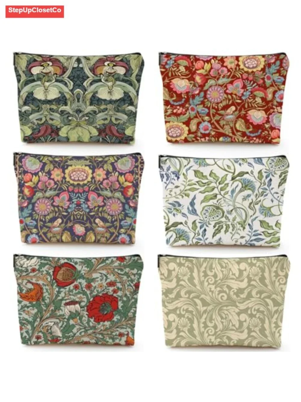 Set of 6 Cotton Canvas Makeup Bags Retro Floral Cosmetic Travel Organizer Pouch